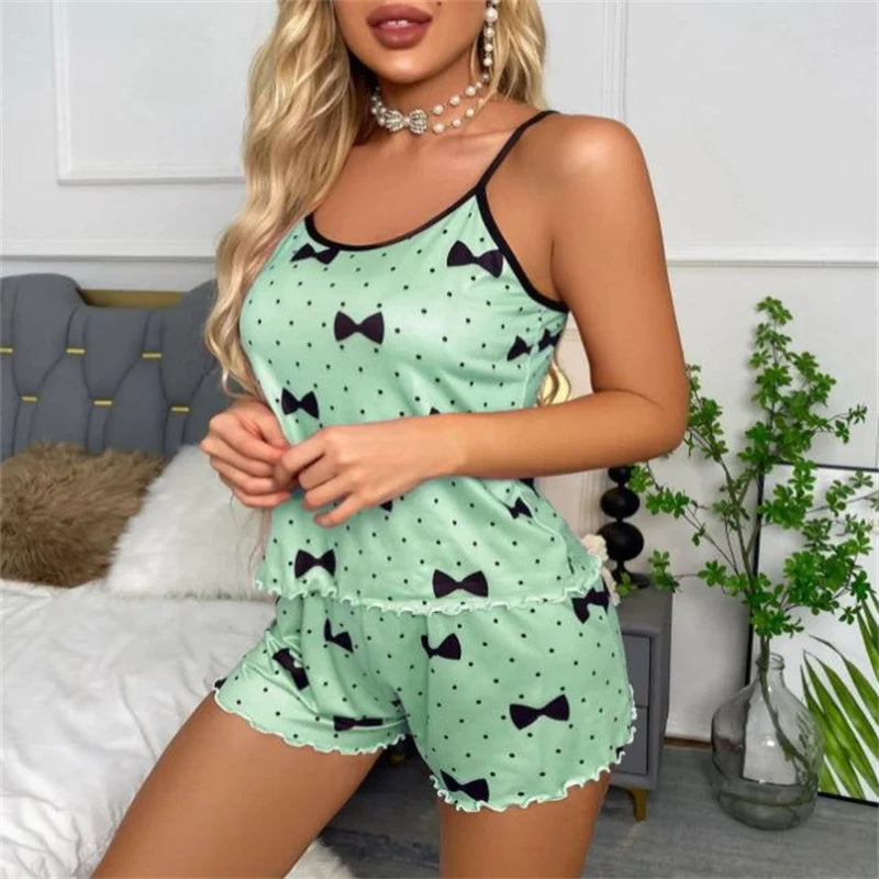 Women's Pajama Set Pajamas T-Shirts Shorts Pink Heart-Shaped Print Round Neck T-Shirt Ice Silk Top Comfortable Casual Summer ﻿