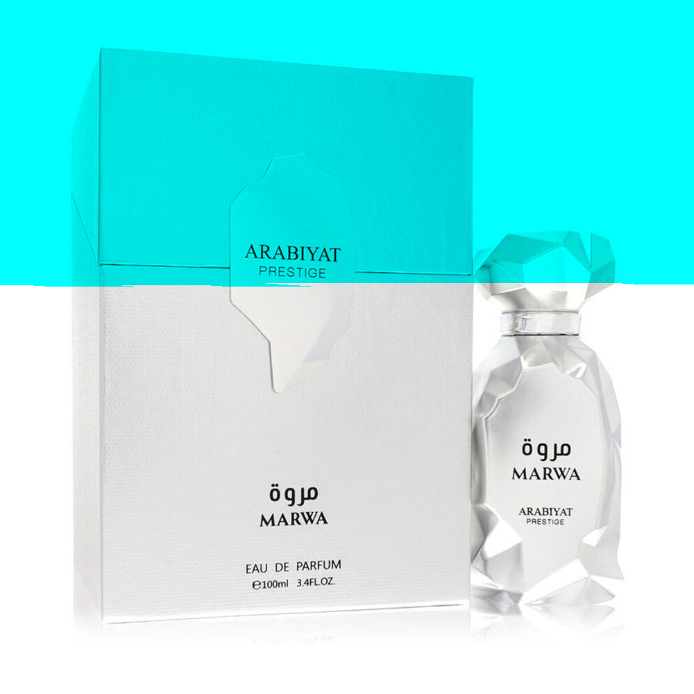Marwa perfume bottle and packaging on a turquoise background