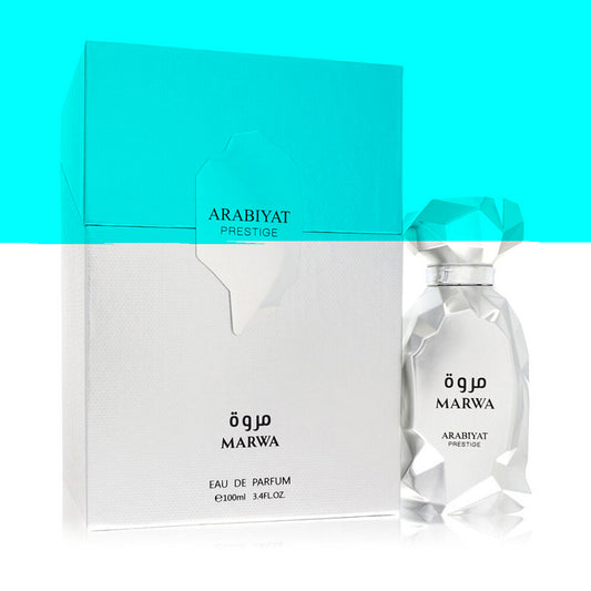 Marwa perfume bottle and packaging on a turquoise background