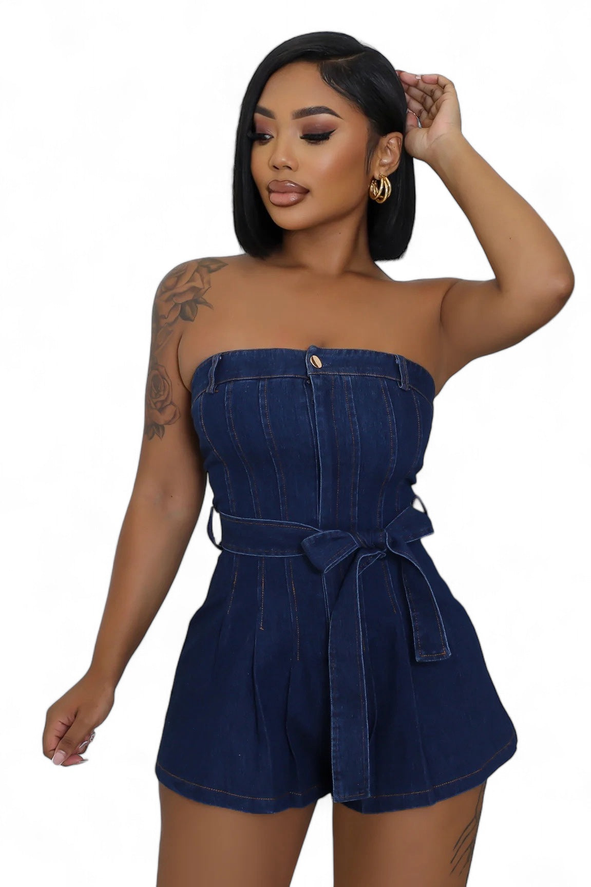 Dark Denim Strapless Romper with Belt The House of Stylez