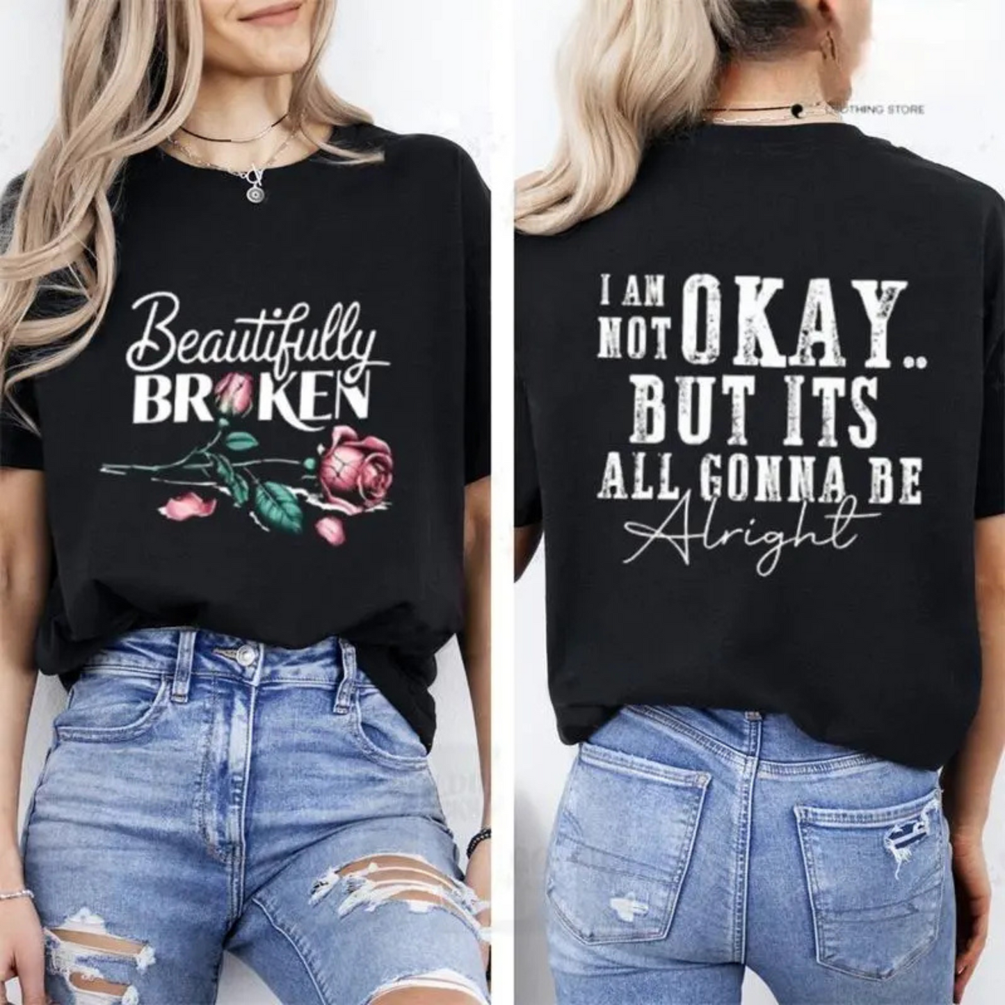 "Beautifully Broken, Not Okay" T-Shirt - Pure Cotton Street Style Tee for Women Dog Mom Hat