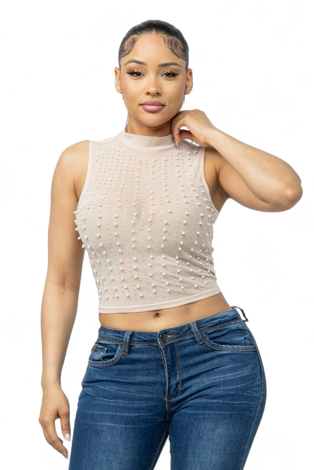 Mesh See Through  Pearls Studs Embellished Top The House of Stylez