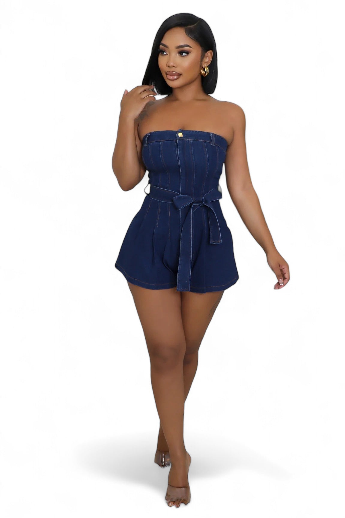Dark Denim Strapless Romper with Belt The House of Stylez