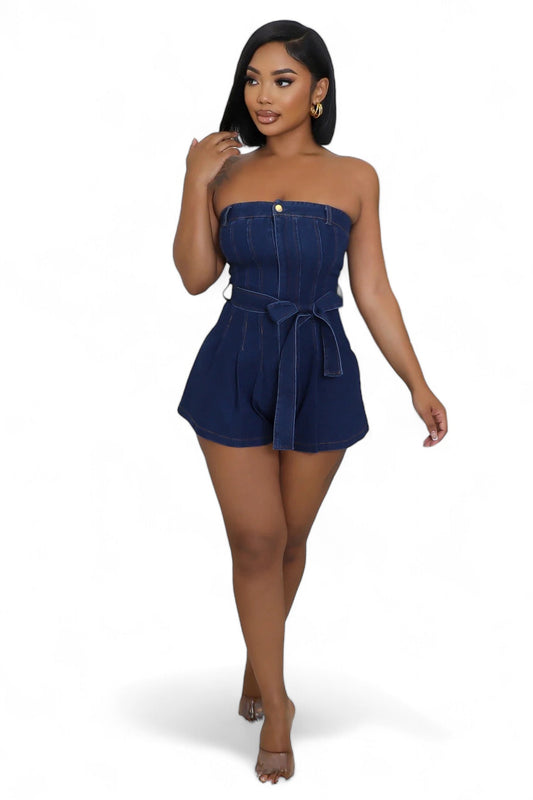 Dark Denim Strapless Romper with Belt The House of Stylez