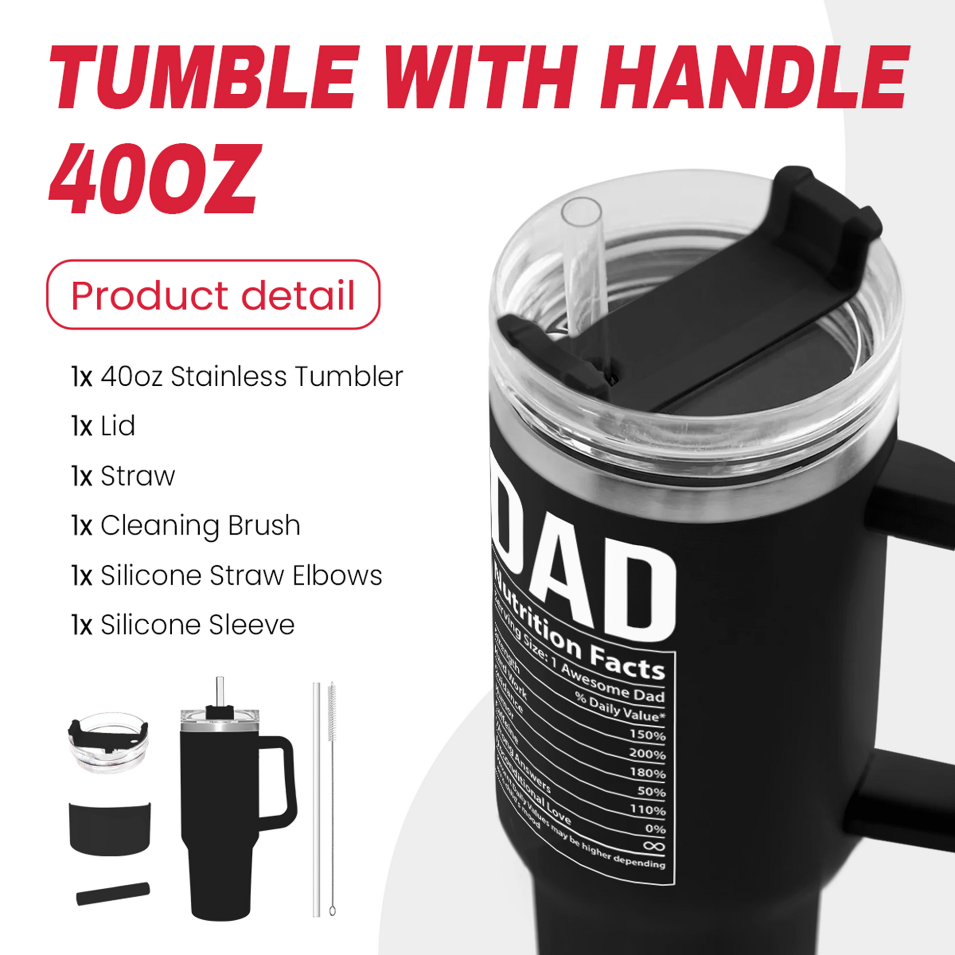 Black Best Dad Ever Quencher Tumbler with Handle 40oz Sandjest Personalized Gifts