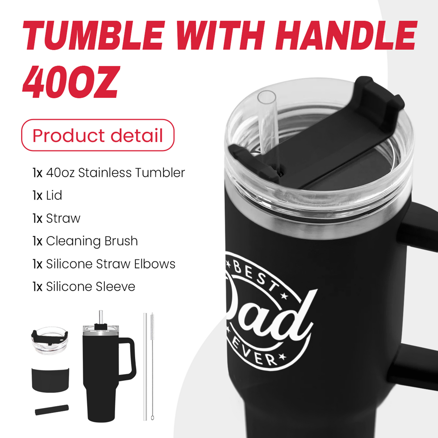 Black Best Dad Ever Quencher Tumbler with Handle 40oz Sandjest Personalized Gifts