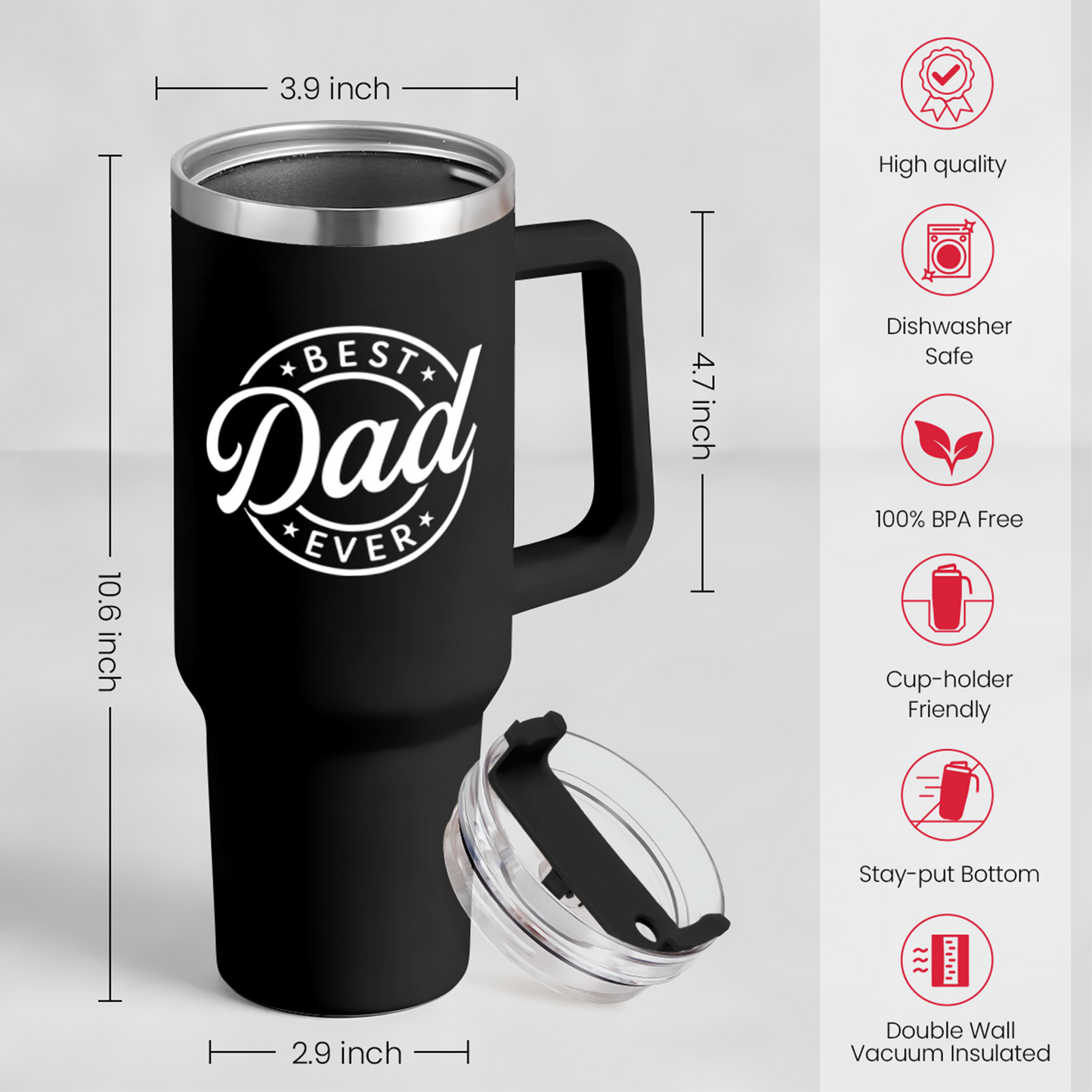 Black Best Dad Ever Quencher Tumbler with Handle 40oz Sandjest Personalized Gifts