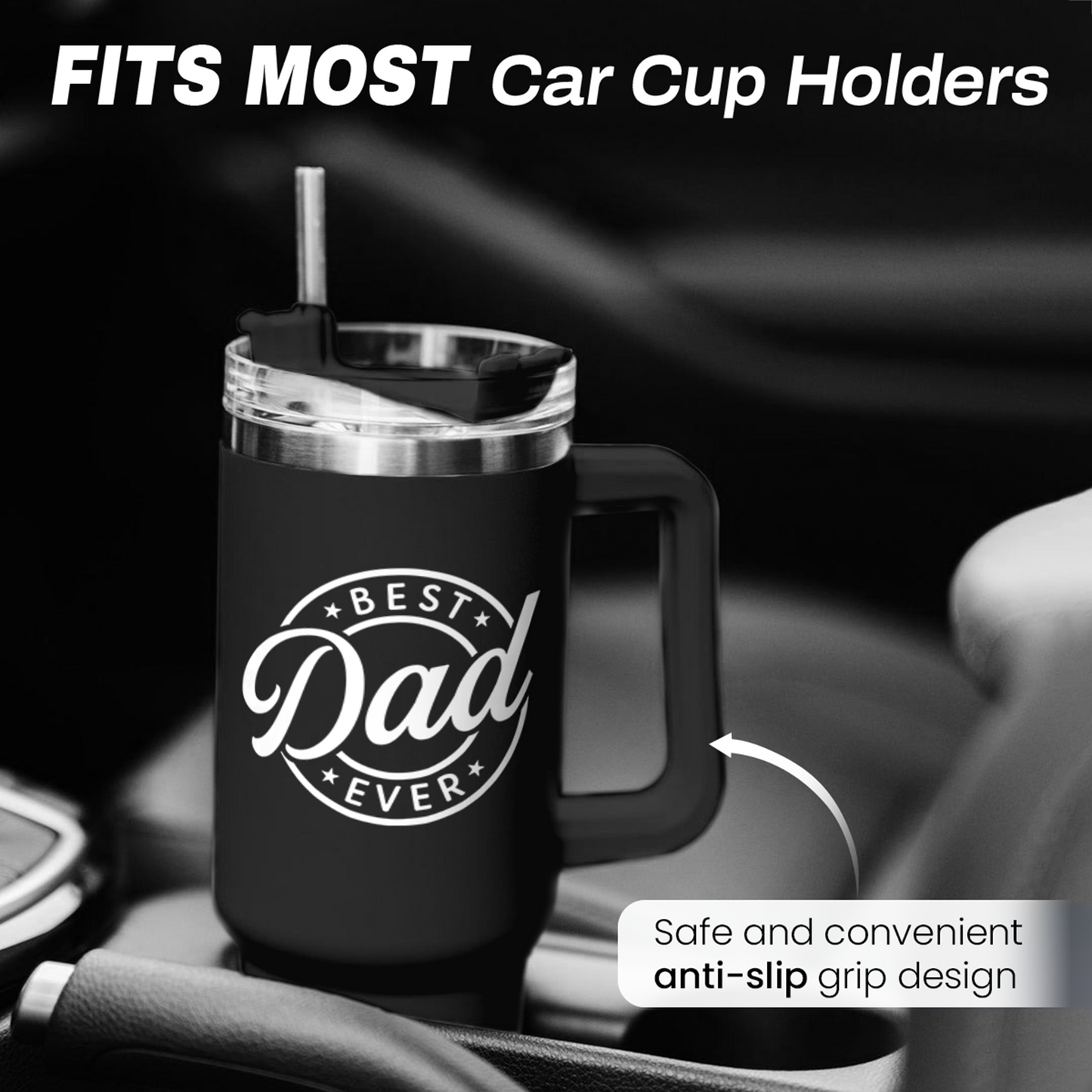 Black Best Dad Ever Quencher Tumbler with Handle 40oz Sandjest Personalized Gifts