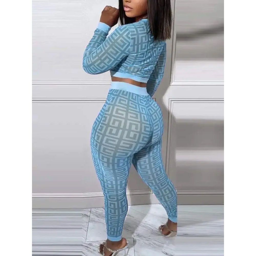 Geometric Print Long Sleeve Crop Top Pants Set FashionMojos.com