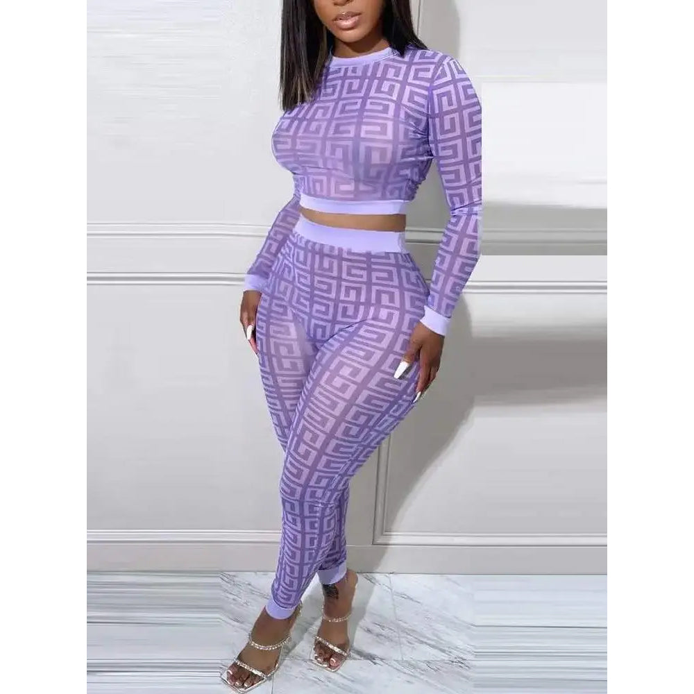 Geometric Print Long Sleeve Crop Top Pants Set FashionMojos.com