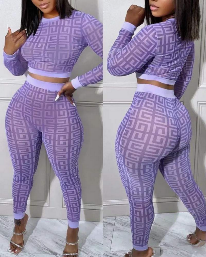 Geometric Print Long Sleeve Crop Top Pants Set FashionMojos.com