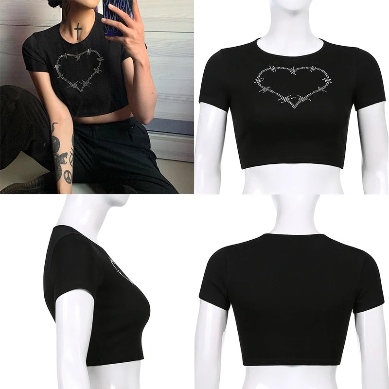 Y2k Sexy Punk Vintage Goth Crop Tops Women Fashion Rhinestone Short Sleeve T-shirt Summer O-neck Tshirt Black Top Tee Streetwear