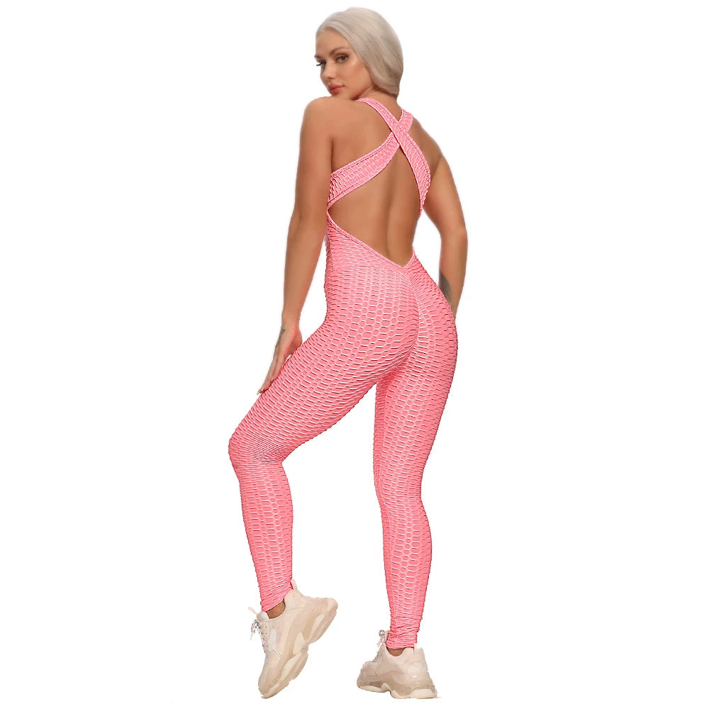 Women's Sports Suit Sleeveless Backless Jumpsuits Costume Quick Dry Gym Bodysuit Tracksuit Fitness Tights Scrunch Leggings