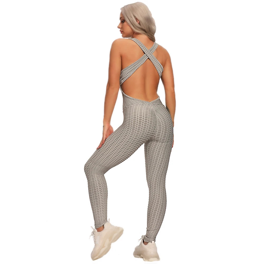 Women's Sports Suit Sleeveless Backless Jumpsuits Costume Quick Dry Gym Bodysuit Tracksuit Fitness Tights Scrunch Leggings