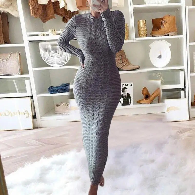 Women Long Maxi Sweater Dress Sexy Half Turtlenck Long Sleeve Tunic Knitwear Ankle Length Bodycon Party Dresses XXBLH-2808