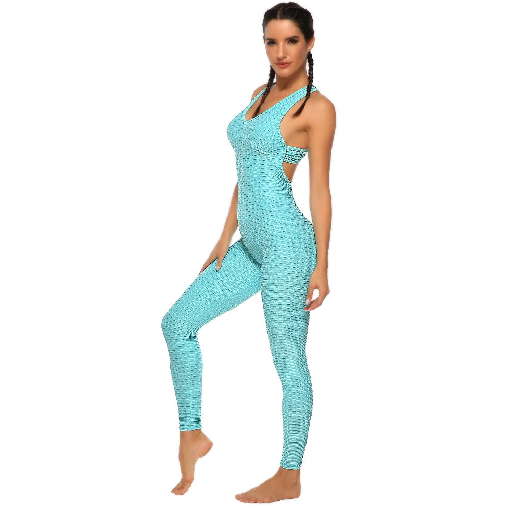 Women's Sports Suit Sleeveless Backless Jumpsuits Costume Quick Dry Gym Bodysuit Tracksuit Fitness Tights Scrunch Leggings