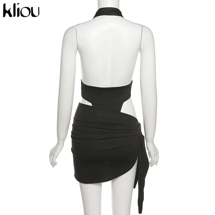 Kliou Solid Deep V sexy Two Piece Sets Midnight Club Halter Top And Skirt Backless Summer Partywear Hollow Out Ruched Women Set