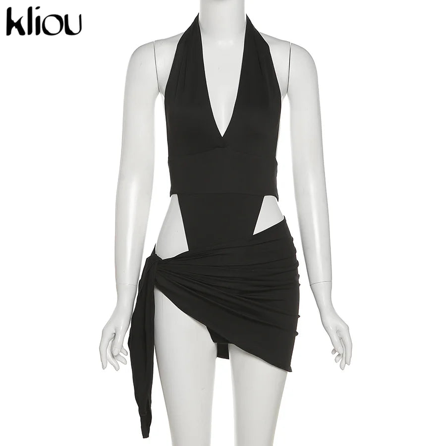 Kliou Solid Deep V sexy Two Piece Sets Midnight Club Halter Top And Skirt Backless Summer Partywear Hollow Out Ruched Women Set