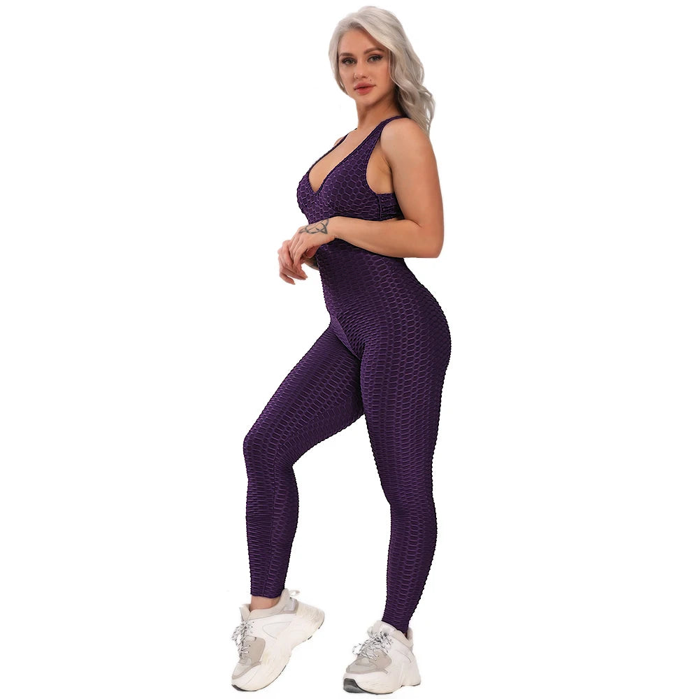 Women's Sports Suit Sleeveless Backless Jumpsuits Costume Quick Dry Gym Bodysuit Tracksuit Fitness Tights Scrunch Leggings