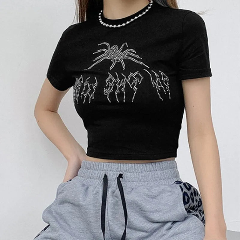 Y2k Sexy Punk Vintage Goth Crop Tops Women Fashion Rhinestone Short Sleeve T-shirt Summer O-neck Tshirt Black Top Tee Streetwear