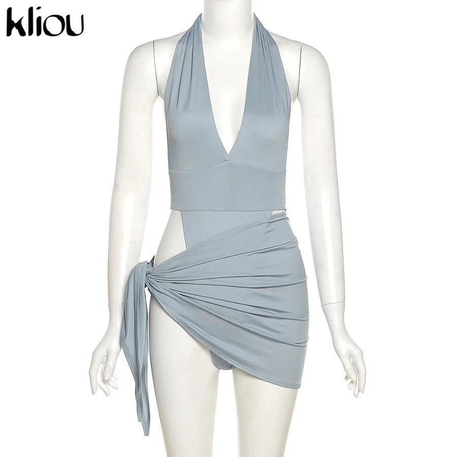 Kliou Solid Deep V sexy Two Piece Sets Midnight Club Halter Top And Skirt Backless Summer Partywear Hollow Out Ruched Women Set