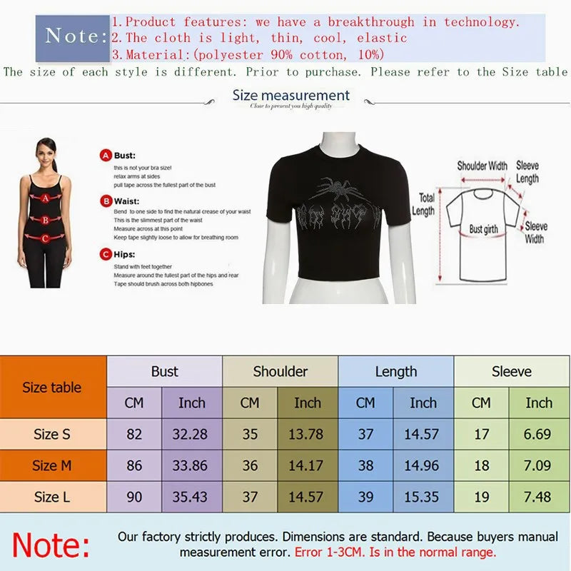 Y2k Sexy Punk Vintage Goth Crop Tops Women Fashion Rhinestone Short Sleeve T-shirt Summer O-neck Tshirt Black Top Tee Streetwear