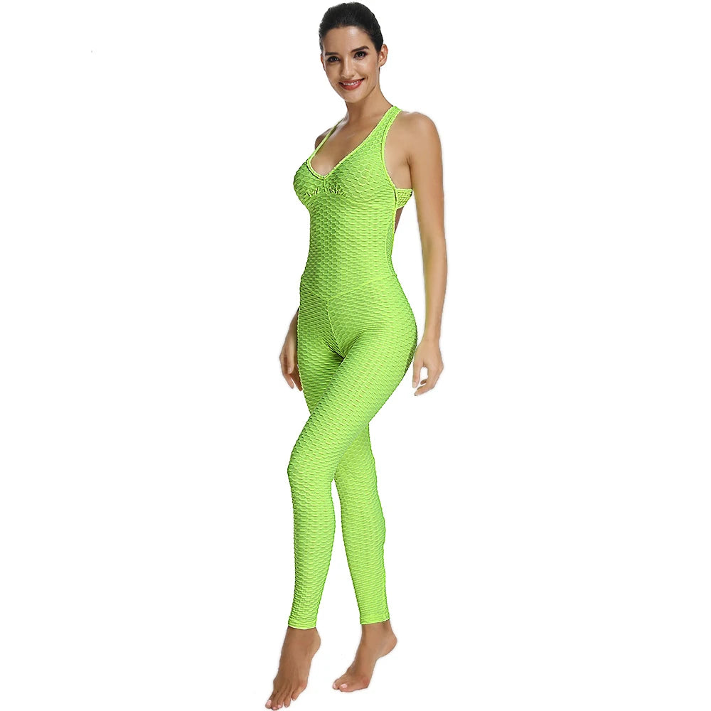 Women's Sports Suit Sleeveless Backless Jumpsuits Costume Quick Dry Gym Bodysuit Tracksuit Fitness Tights Scrunch Leggings