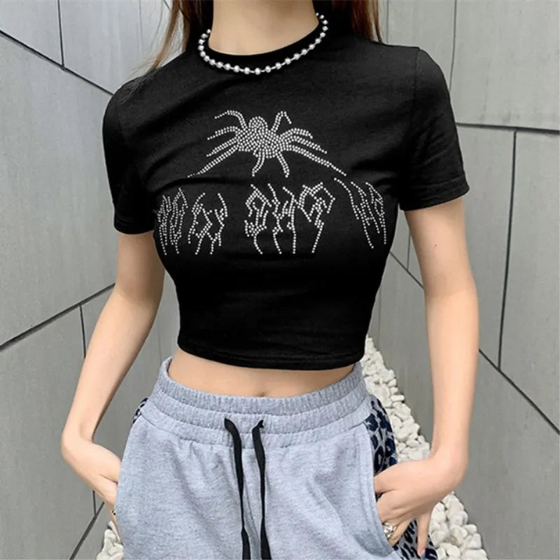 Y2k Sexy Punk Vintage Goth Crop Tops Women Fashion Rhinestone Short Sleeve T-shirt Summer O-neck Tshirt Black Top Tee Streetwear