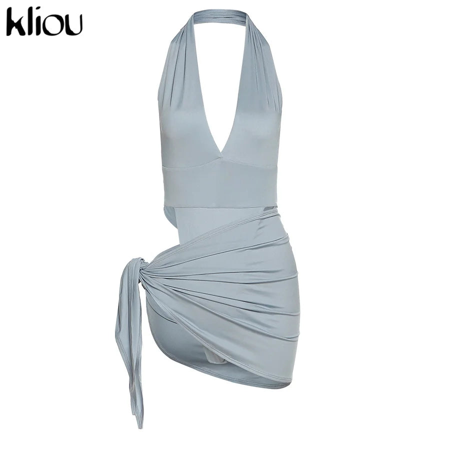 Kliou Solid Deep V sexy Two Piece Sets Midnight Club Halter Top And Skirt Backless Summer Partywear Hollow Out Ruched Women Set