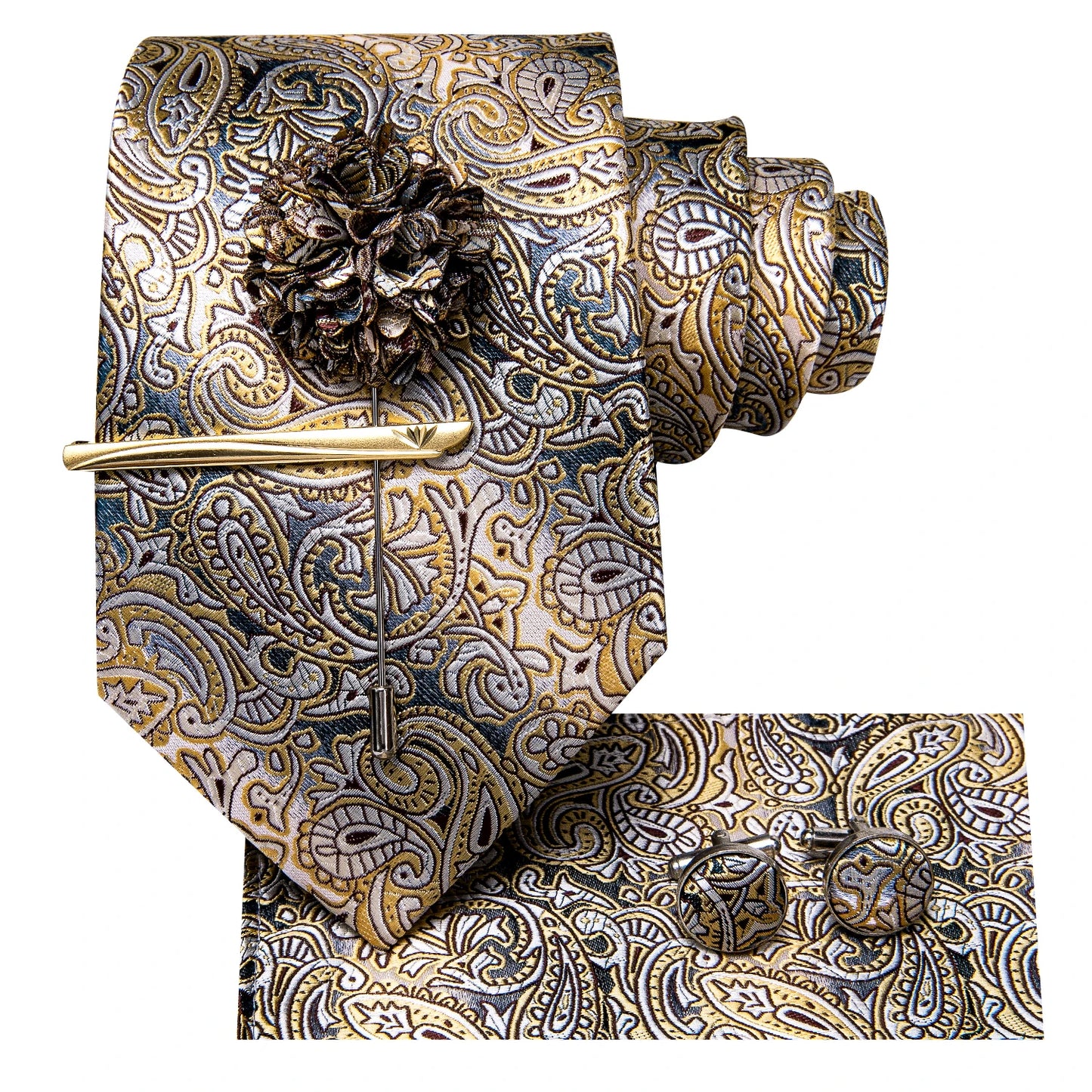 Hi-Tie Yellow Brown Paisley Tie For Men Silk Men's Tie Clip Gift For Men Luxury Necktie Hanky Cufflinks Set Formal Wedding