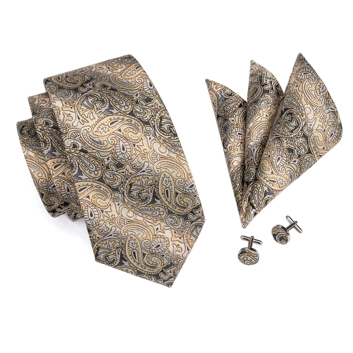 Hi-Tie Yellow Brown Paisley Tie For Men Silk Men's Tie Clip Gift For Men Luxury Necktie Hanky Cufflinks Set Formal Wedding