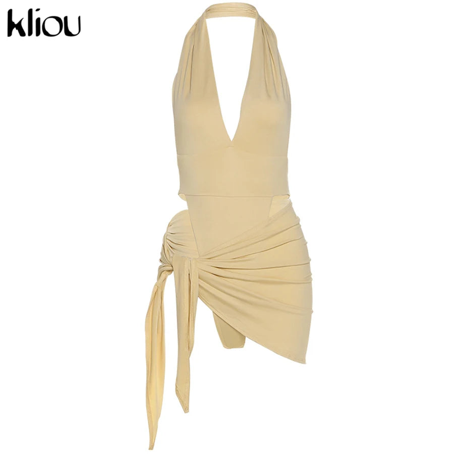 Kliou Solid Deep V sexy Two Piece Sets Midnight Club Halter Top And Skirt Backless Summer Partywear Hollow Out Ruched Women Set