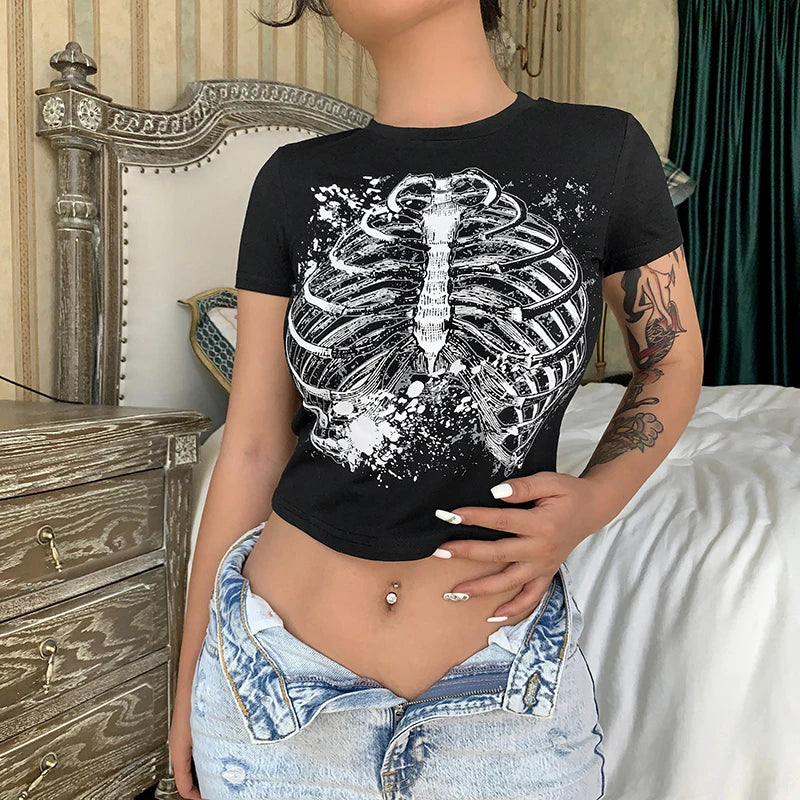 Y2k Sexy Punk Vintage Goth Crop Tops Women Fashion Rhinestone Short Sleeve T-shirt Summer O-neck Tshirt Black Top Tee Streetwear