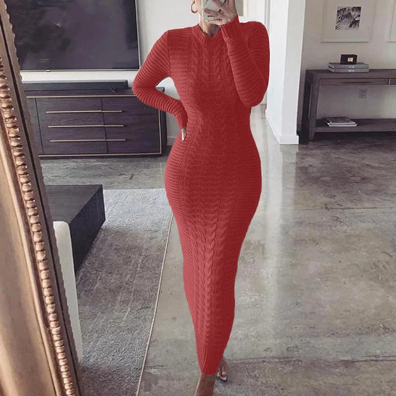 Women Long Maxi Sweater Dress Sexy Half Turtlenck Long Sleeve Tunic Knitwear Ankle Length Bodycon Party Dresses XXBLH-2808