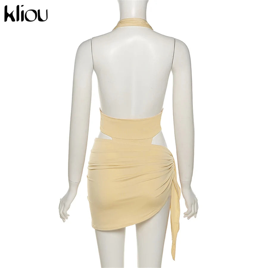 Kliou Solid Deep V sexy Two Piece Sets Midnight Club Halter Top And Skirt Backless Summer Partywear Hollow Out Ruched Women Set