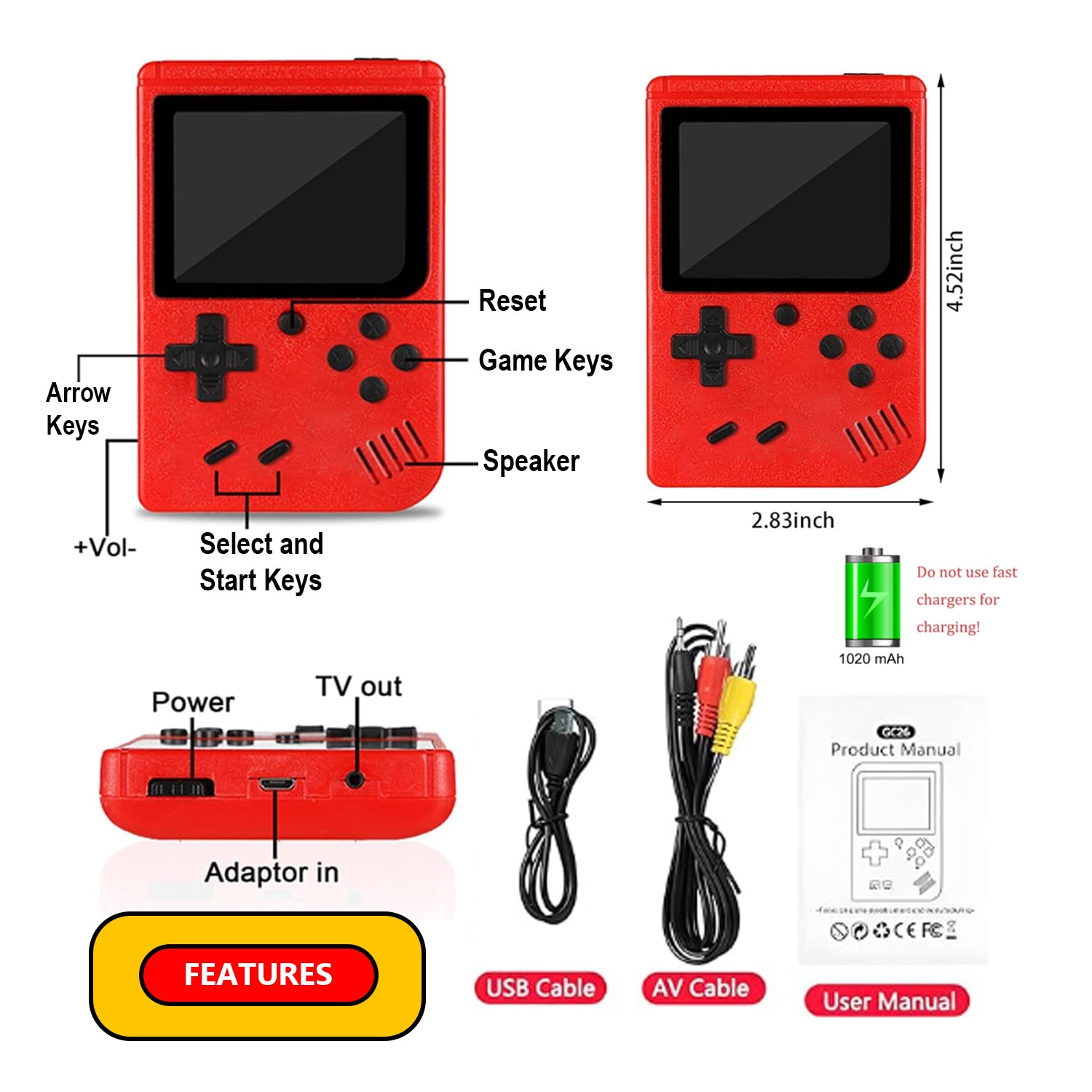 Handheld Games for Kids Console 400 Retro Video Games, Portable Gaming Player Mini Arcade Electronic Toy Gifts for Boys Girls, Red The Noodley