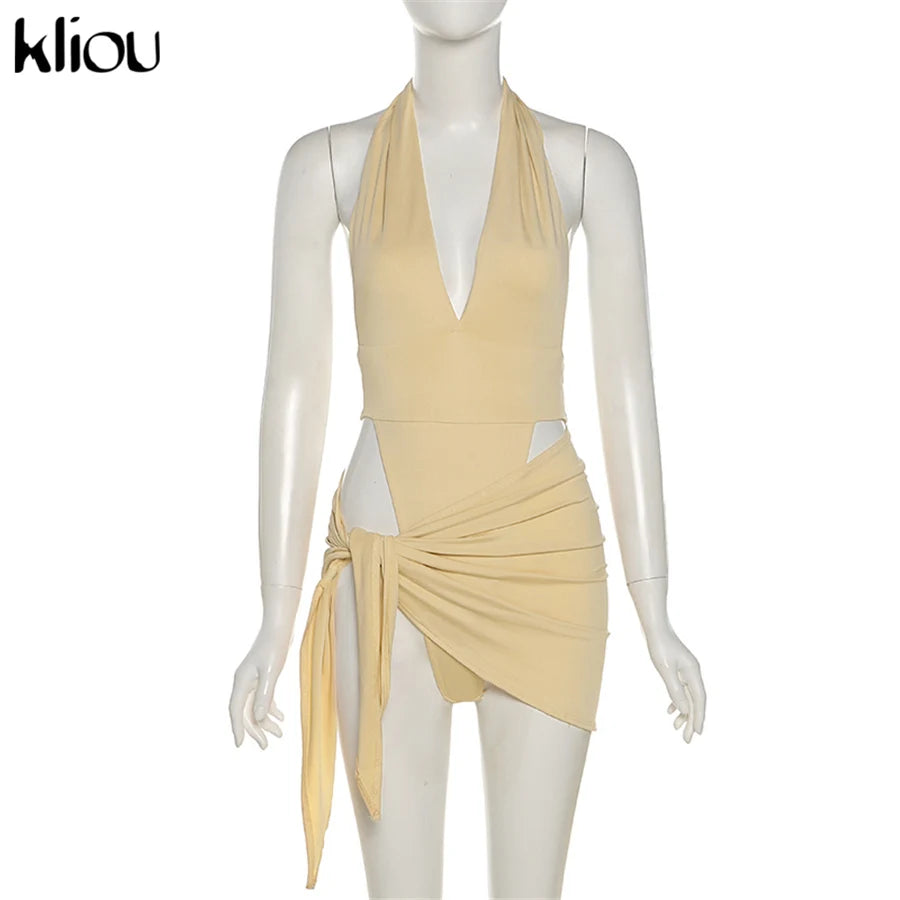 Kliou Solid Deep V sexy Two Piece Sets Midnight Club Halter Top And Skirt Backless Summer Partywear Hollow Out Ruched Women Set