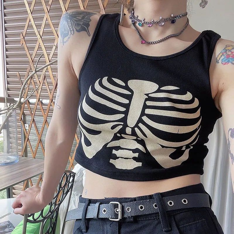 Y2k Sexy Punk Vintage Goth Crop Tops Women Fashion Rhinestone Short Sleeve T-shirt Summer O-neck Tshirt Black Top Tee Streetwear