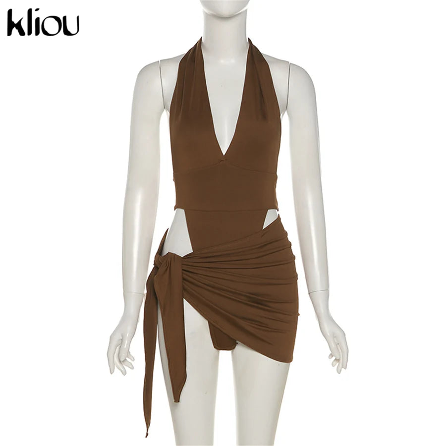 Kliou Solid Deep V sexy Two Piece Sets Midnight Club Halter Top And Skirt Backless Summer Partywear Hollow Out Ruched Women Set