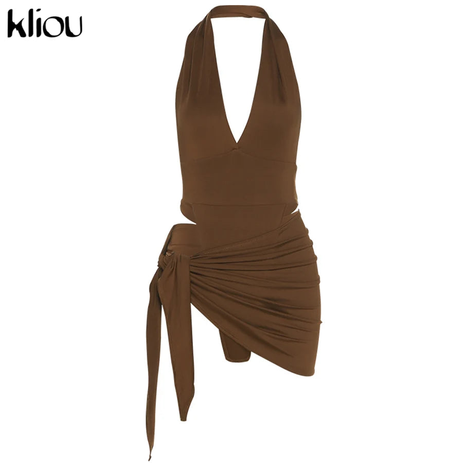 Kliou Solid Deep V sexy Two Piece Sets Midnight Club Halter Top And Skirt Backless Summer Partywear Hollow Out Ruched Women Set