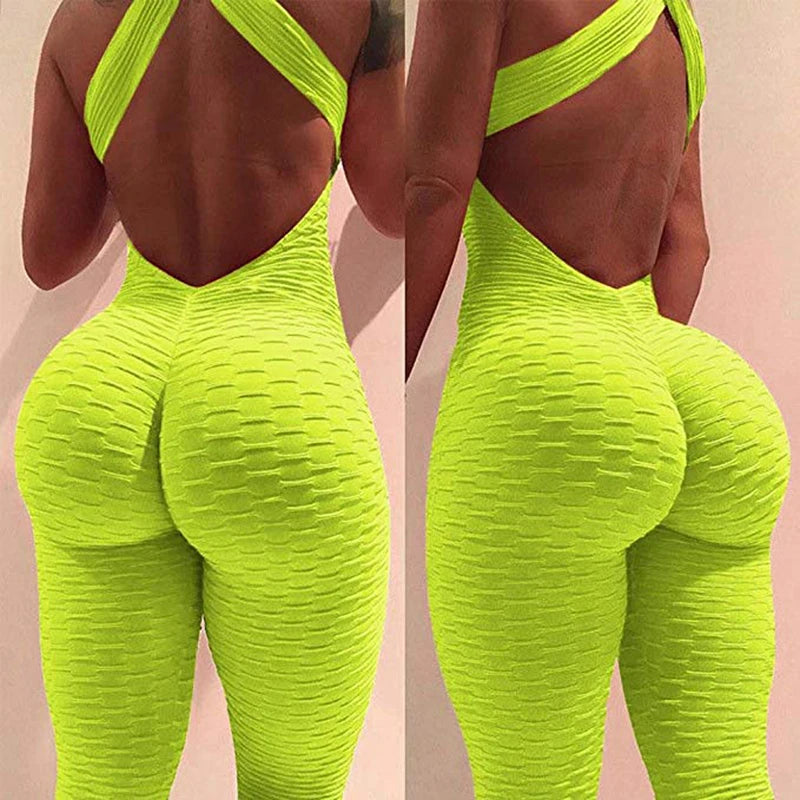 Women's Sports Suit Sleeveless Backless Jumpsuits Costume Quick Dry Gym Bodysuit Tracksuit Fitness Tights Scrunch Leggings