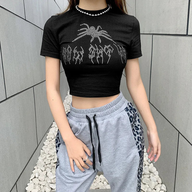 Y2k Sexy Punk Vintage Goth Crop Tops Women Fashion Rhinestone Short Sleeve T-shirt Summer O-neck Tshirt Black Top Tee Streetwear