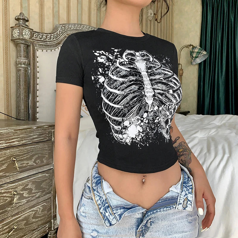 Y2k Sexy Punk Vintage Goth Crop Tops Women Fashion Rhinestone Short Sleeve T-shirt Summer O-neck Tshirt Black Top Tee Streetwear