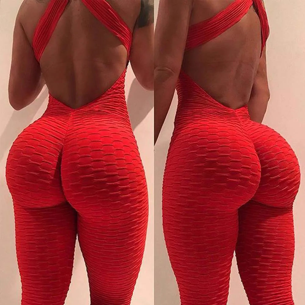 Women's Sports Suit Sleeveless Backless Jumpsuits Costume Quick Dry Gym Bodysuit Tracksuit Fitness Tights Scrunch Leggings