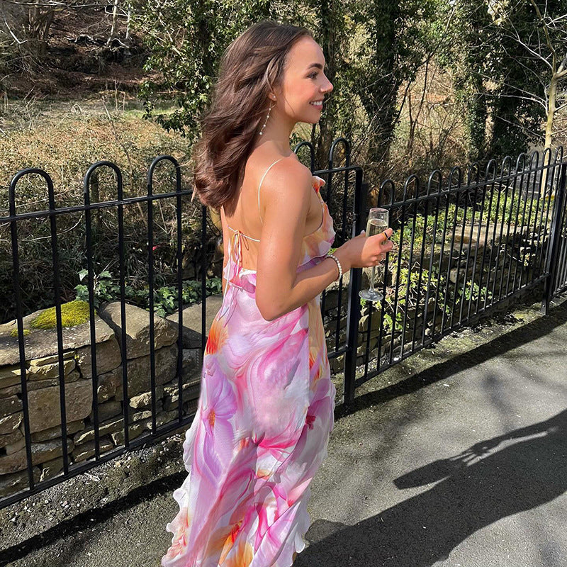 Summer Trends Women V neck Brace Printed Sheath Backless Sexy Dress Wanita Store