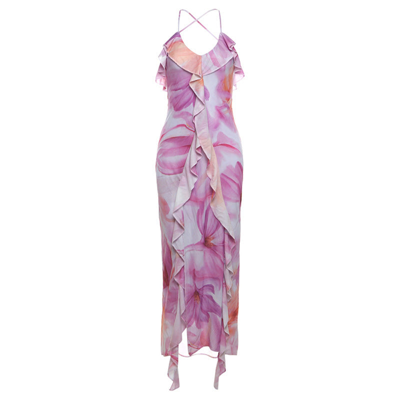 Summer Trends Women V neck Brace Printed Sheath Backless Sexy Dress Wanita Store