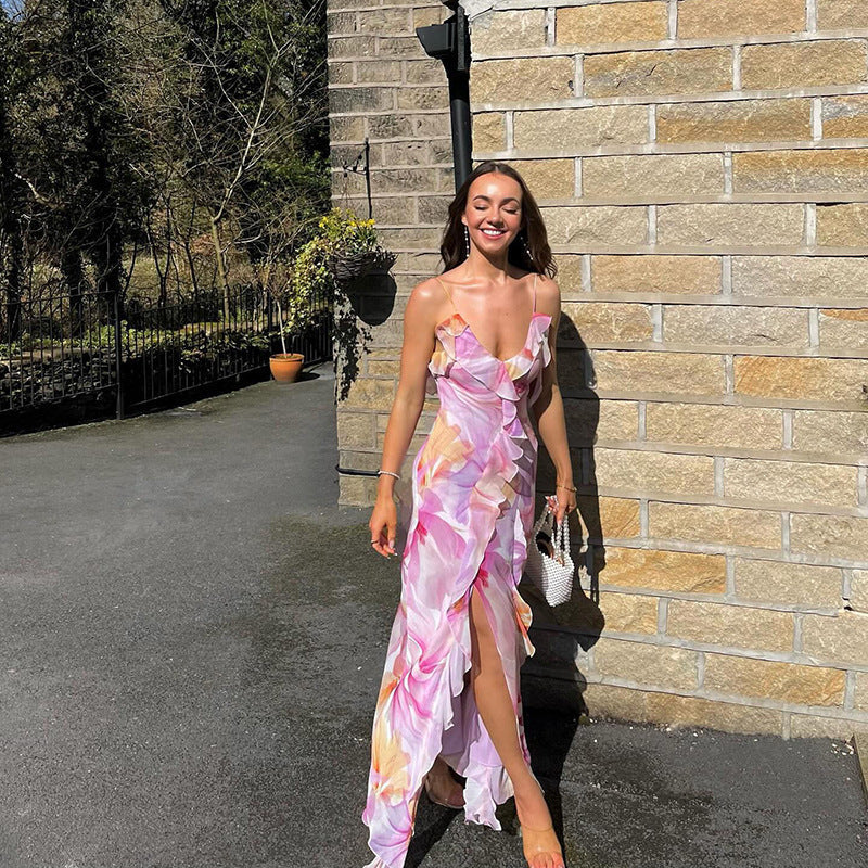 Summer Trends Women V neck Brace Printed Sheath Backless Sexy Dress Wanita Store
