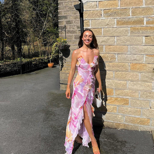 Summer Trends Women V neck Brace Printed Sheath Backless Sexy Dress Wanita Store