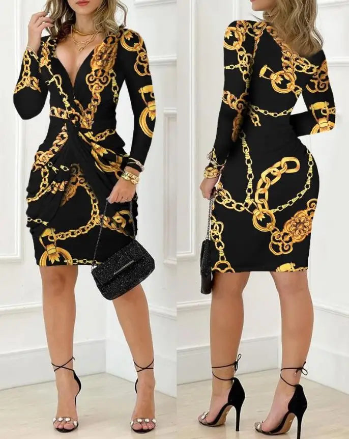 Elegant and Pretty Women's Dresses Fashion Sexy Deep V-Neck Baroque Chain Print Twist Detail Party Dress Female Clothing