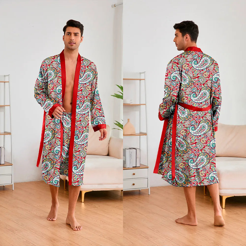 Men 2 Pieces Sleepwear Leopard Bathrobe Set Satin Kimono Peignoir Homme Long Mens Sexy Sleepwear Loungewear Home Dressing Gown